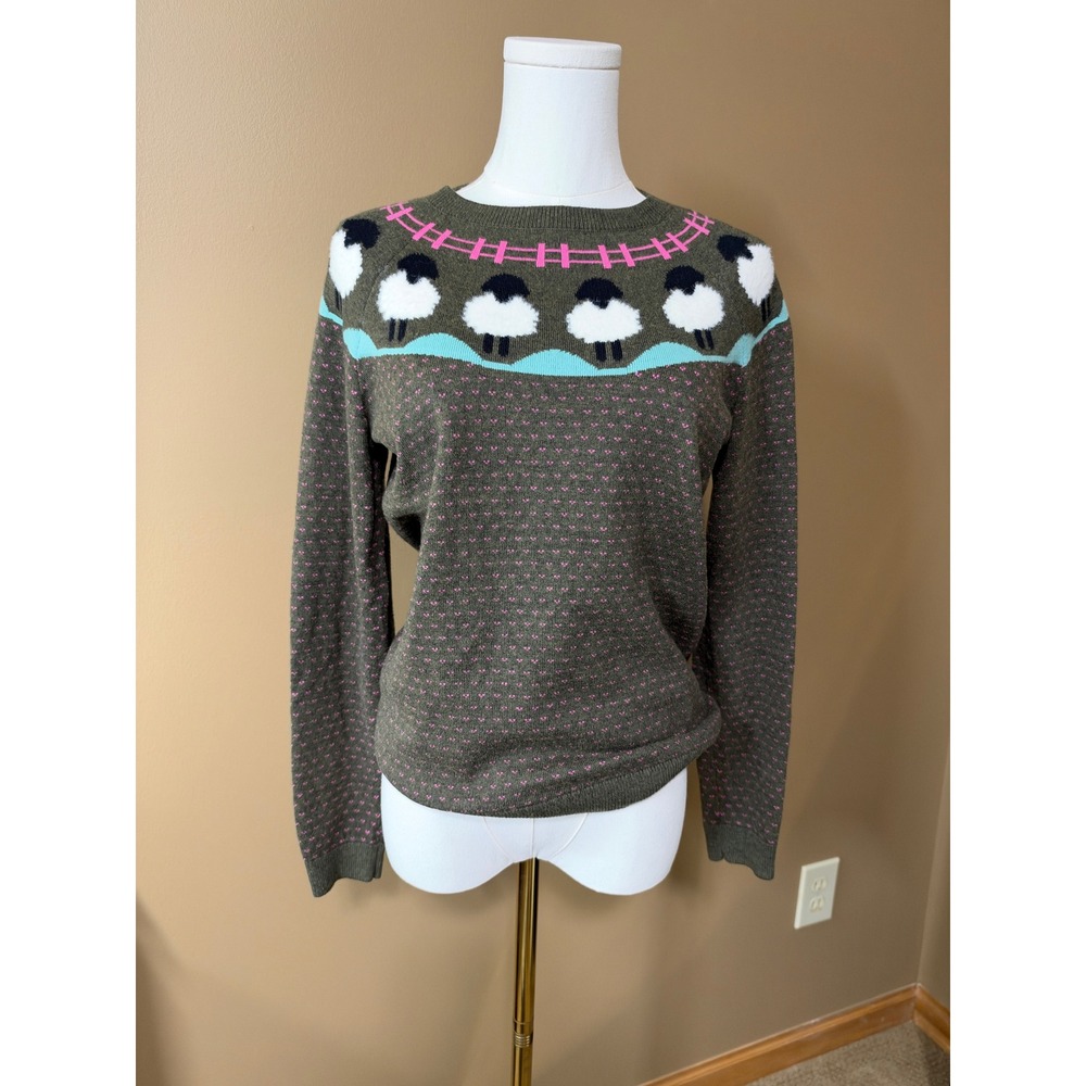 Talbots Petite Sheep Fair Isle Sweater Women SP Green Pink Cottagecore Novelty